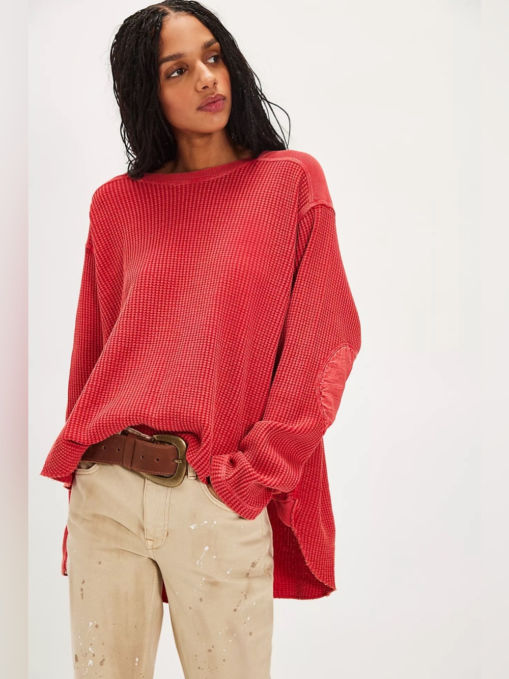 Free People  FP One Blake Thermal Long Sleeve Elbow Patches Slouchy Fiery Red XS
